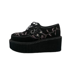 Demonia Creeper 219 Platform Lace Up Black Velvet Flower Embroidery Size 8
